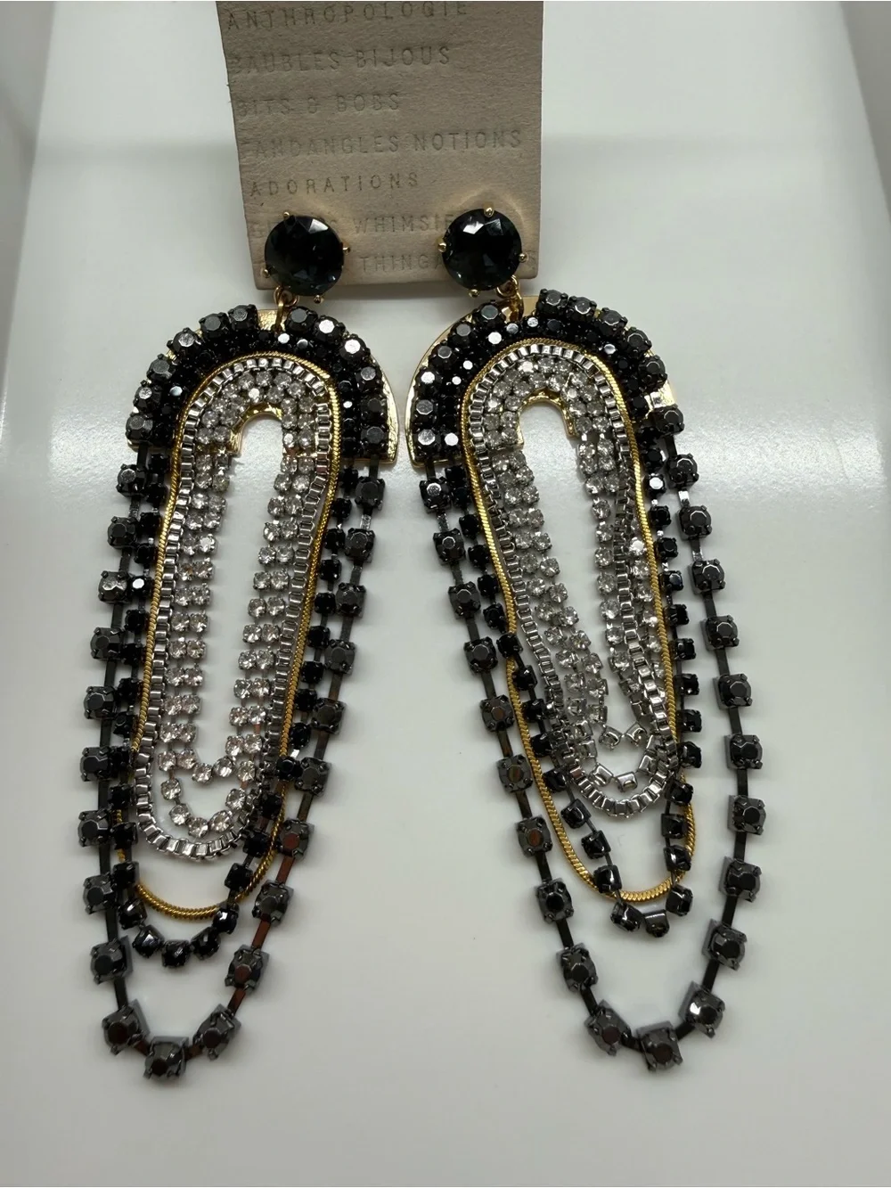 Anthropologie Black, Silver & Gold Multi-Chain Crystal Draped Earrings